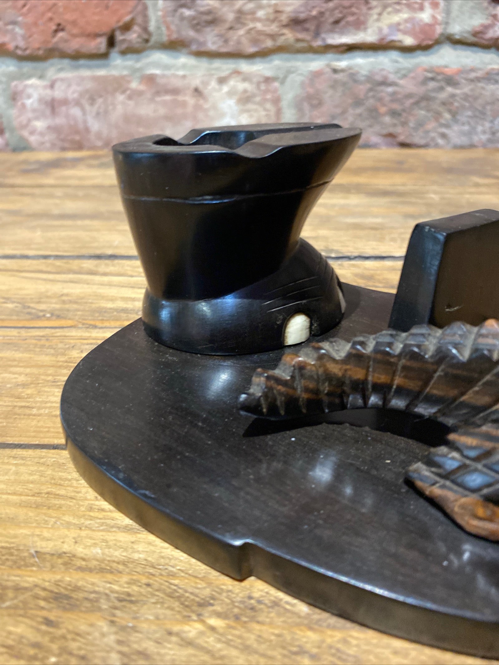 Vintage Carved Ebony Crocodile And Elephant Foot Ashtray