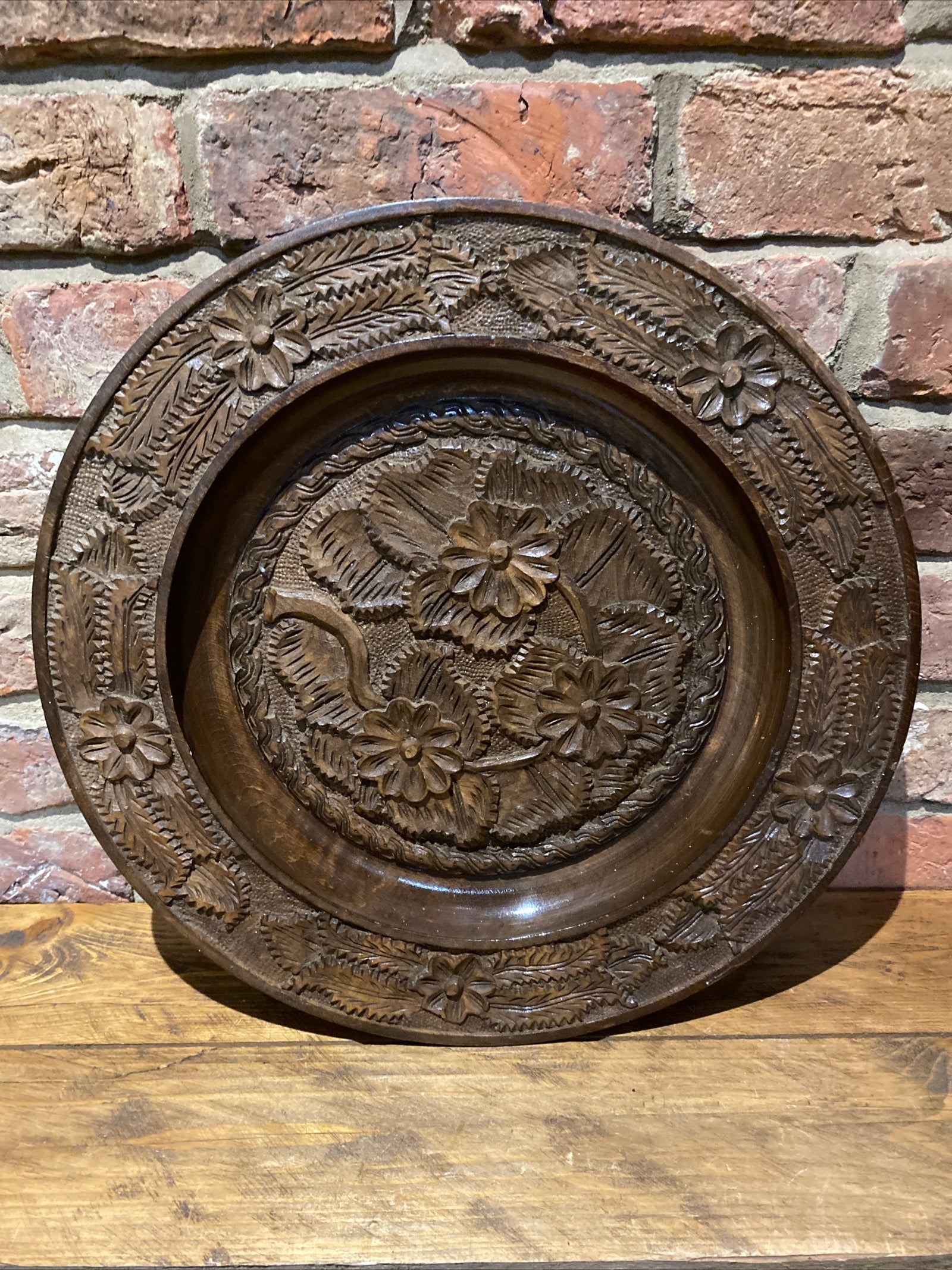 Large Carved And Turned Wood Collection Plate, 18 Inches