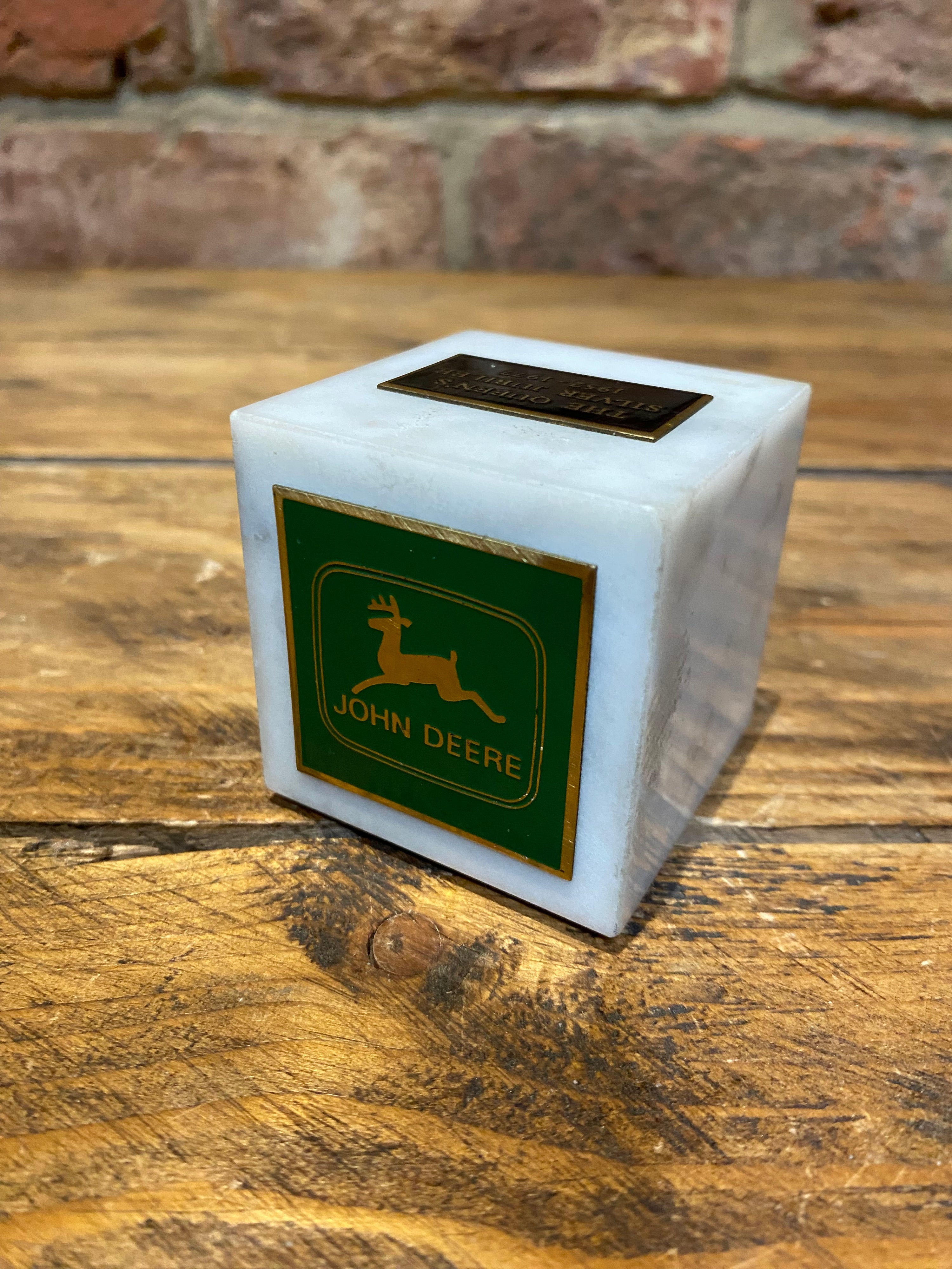 John Deere , silver jubilee. Marble cube paperweight