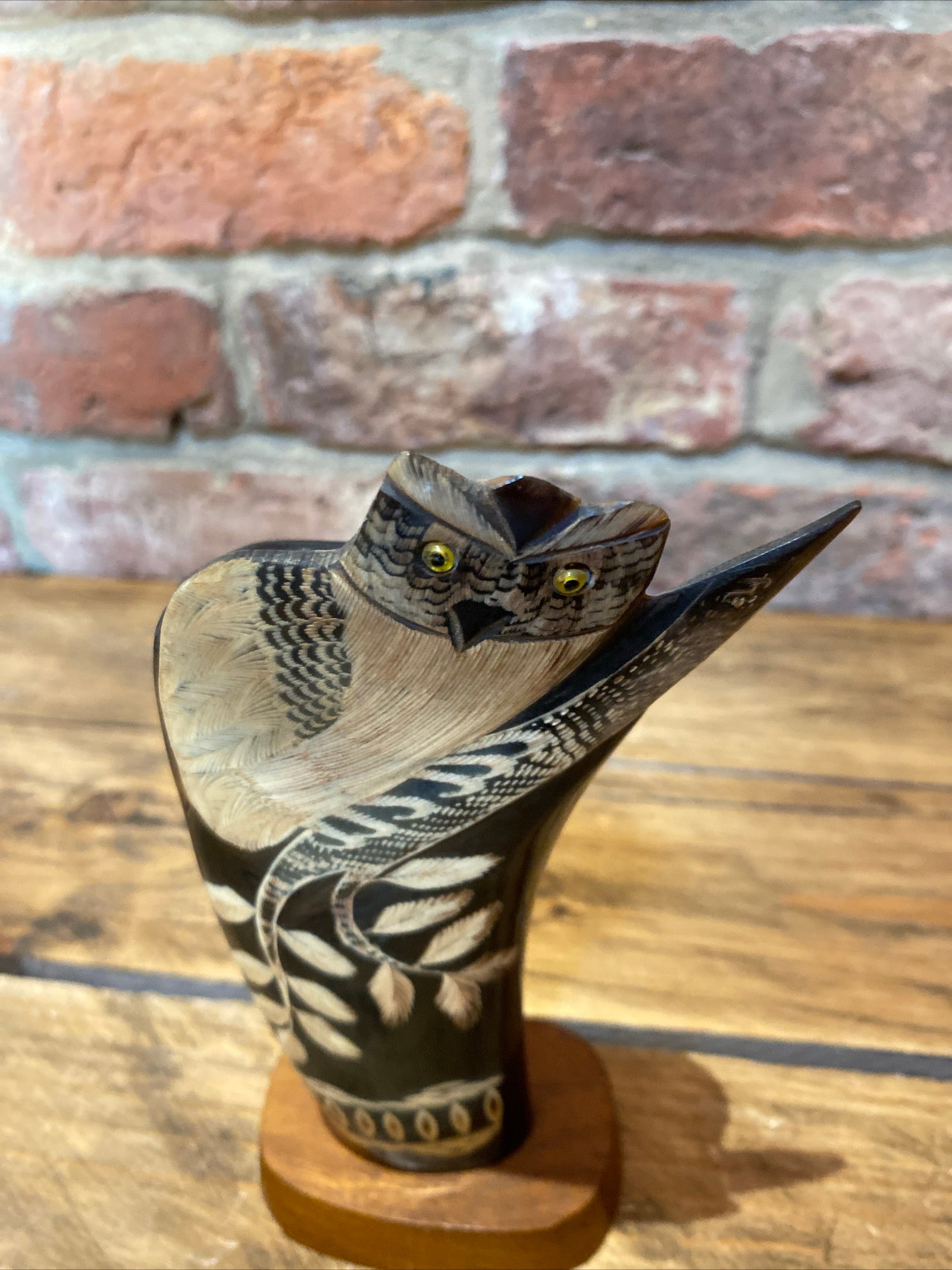 Vintage Owl Ornament, Carved Horn