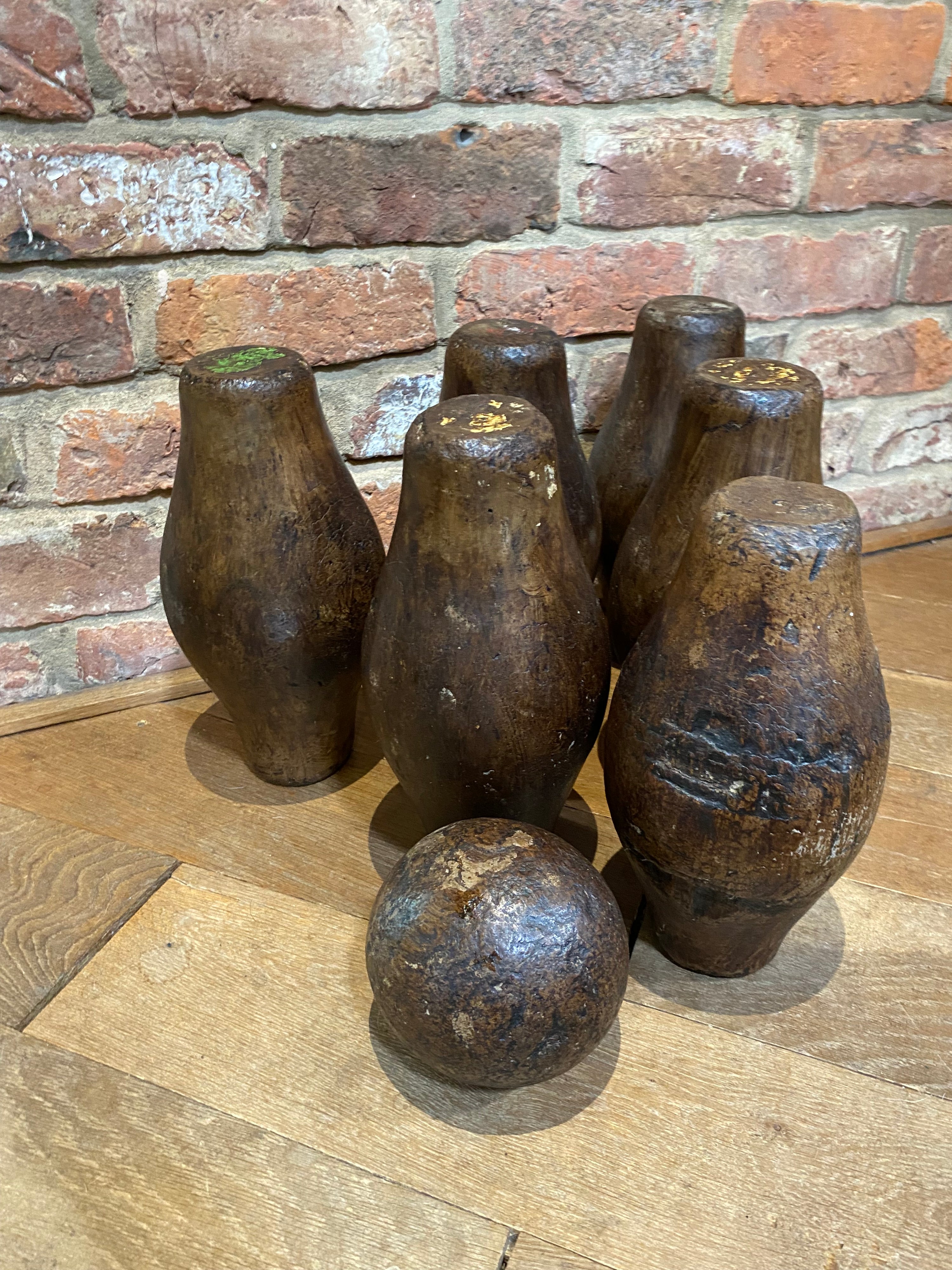 Set of six wooden antique pub skittles plus ball