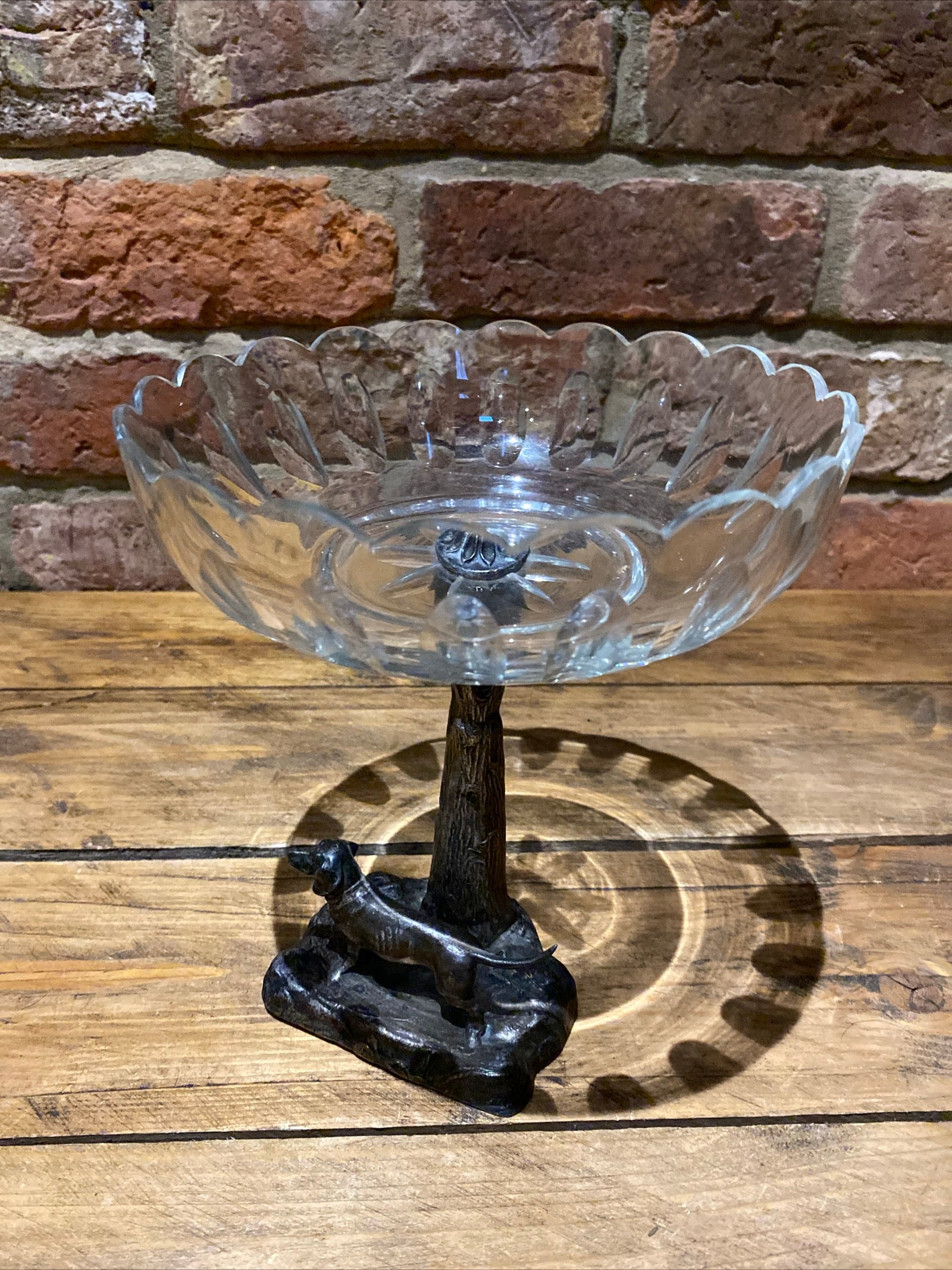 Vintage Glass Comport With Spelter Dog Base