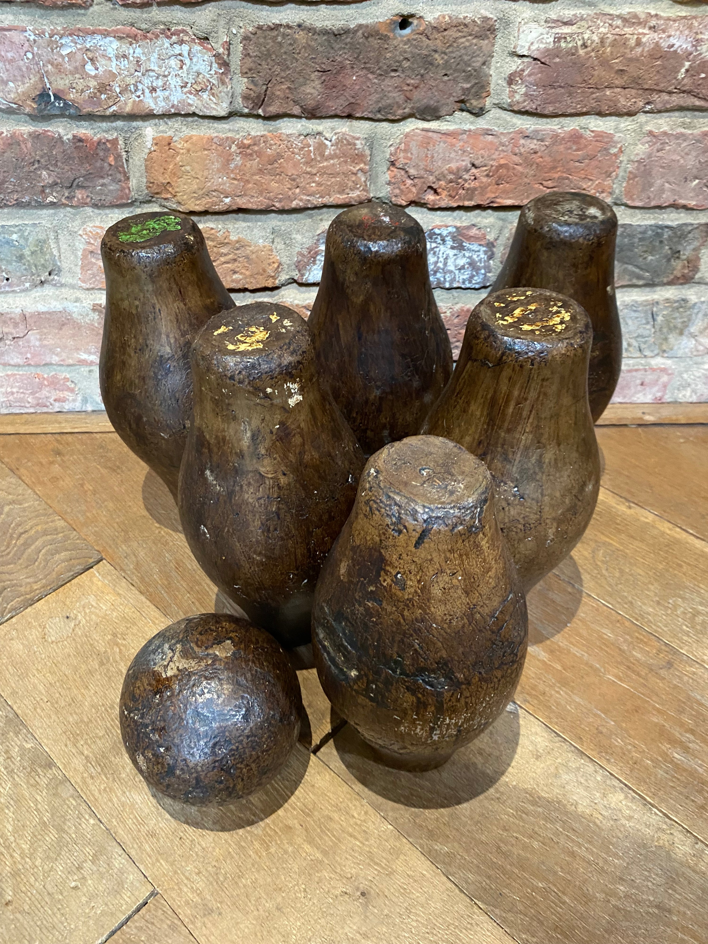 Set of six wooden antique pub skittles plus ball