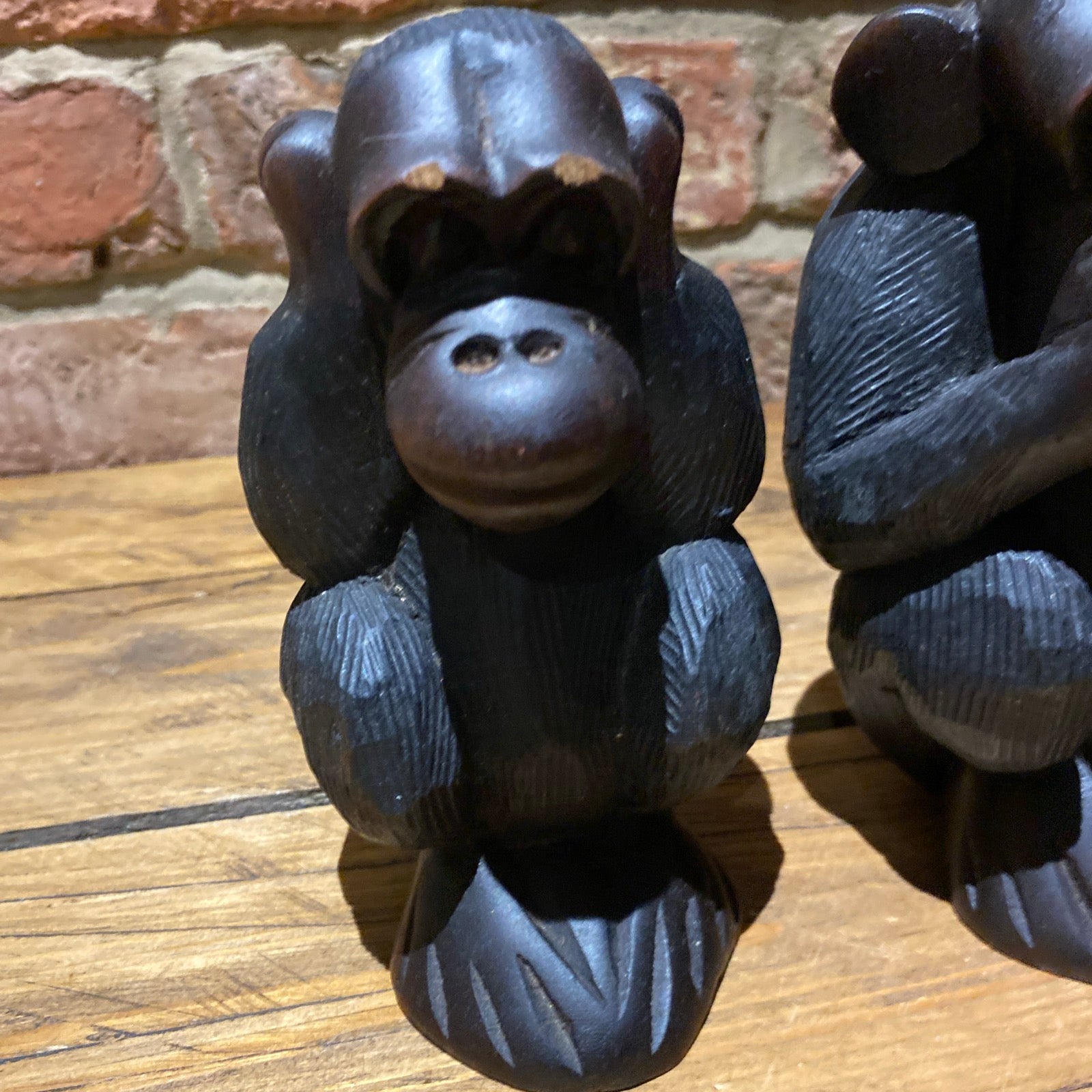 Three Wise Monkeys , Carved Wood Ornaments, Here No , See No , Speak No Evil