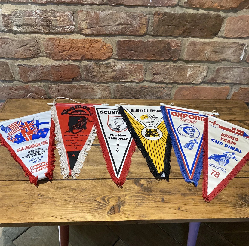 Collection of Six Vintage 70’s And 80’s Speedway Pennants | Junkaholic Vintage UK