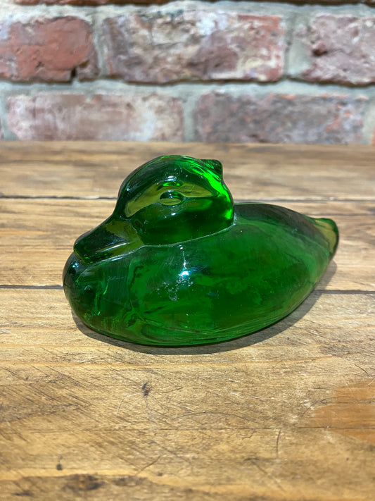 Mid century green glass duck paperweight