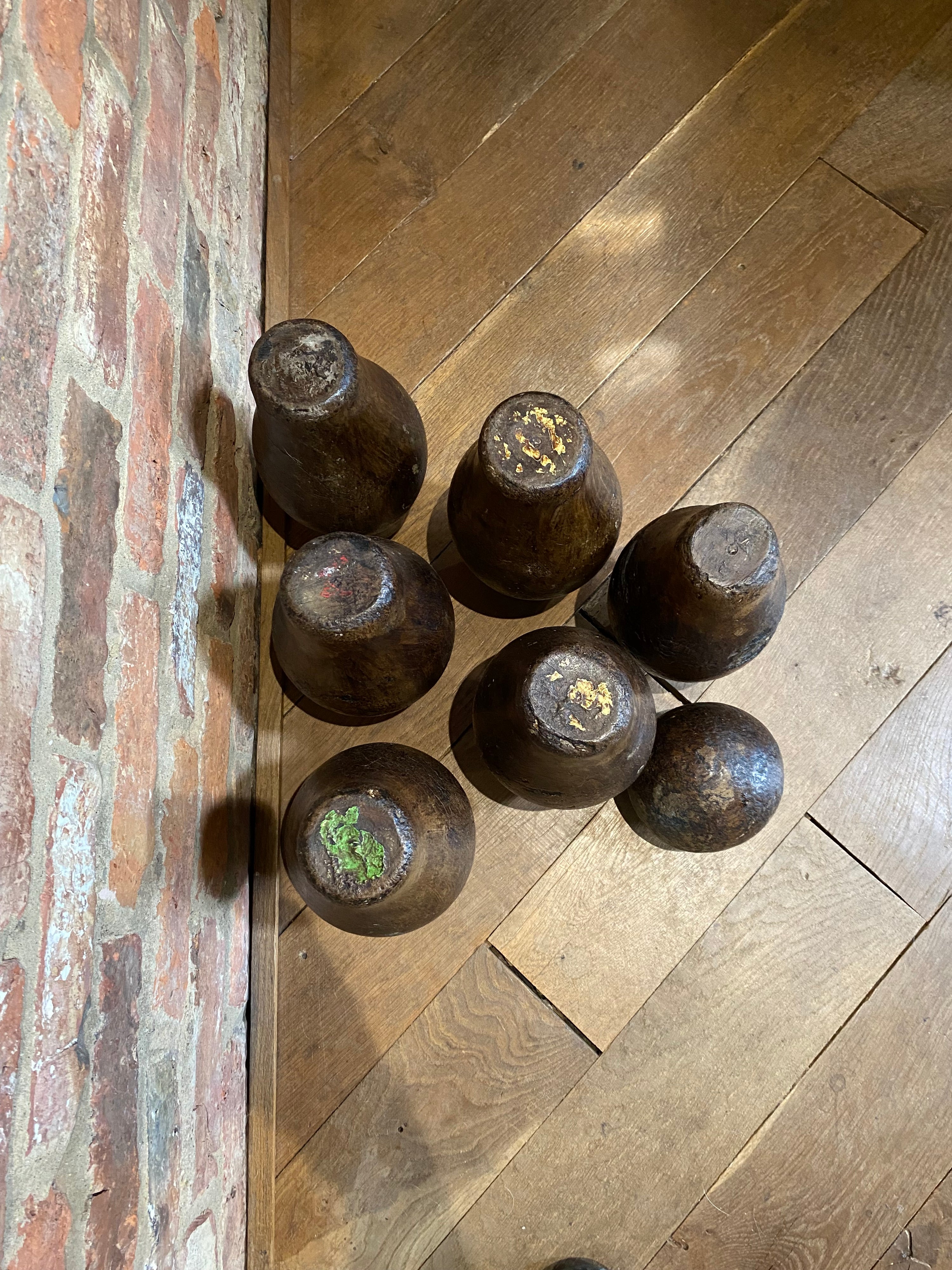 Set of six wooden antique pub skittles plus ball