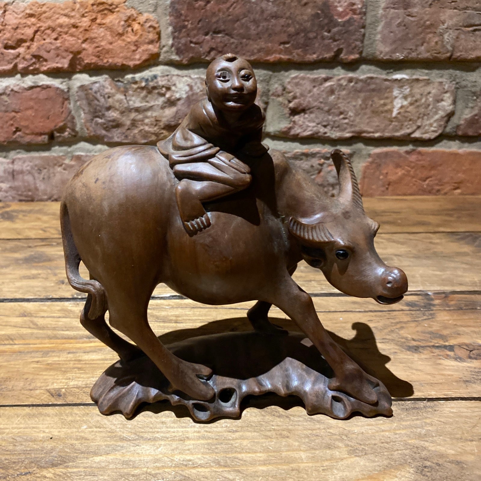 Carved Wood Water Buffalo With Child Riding It