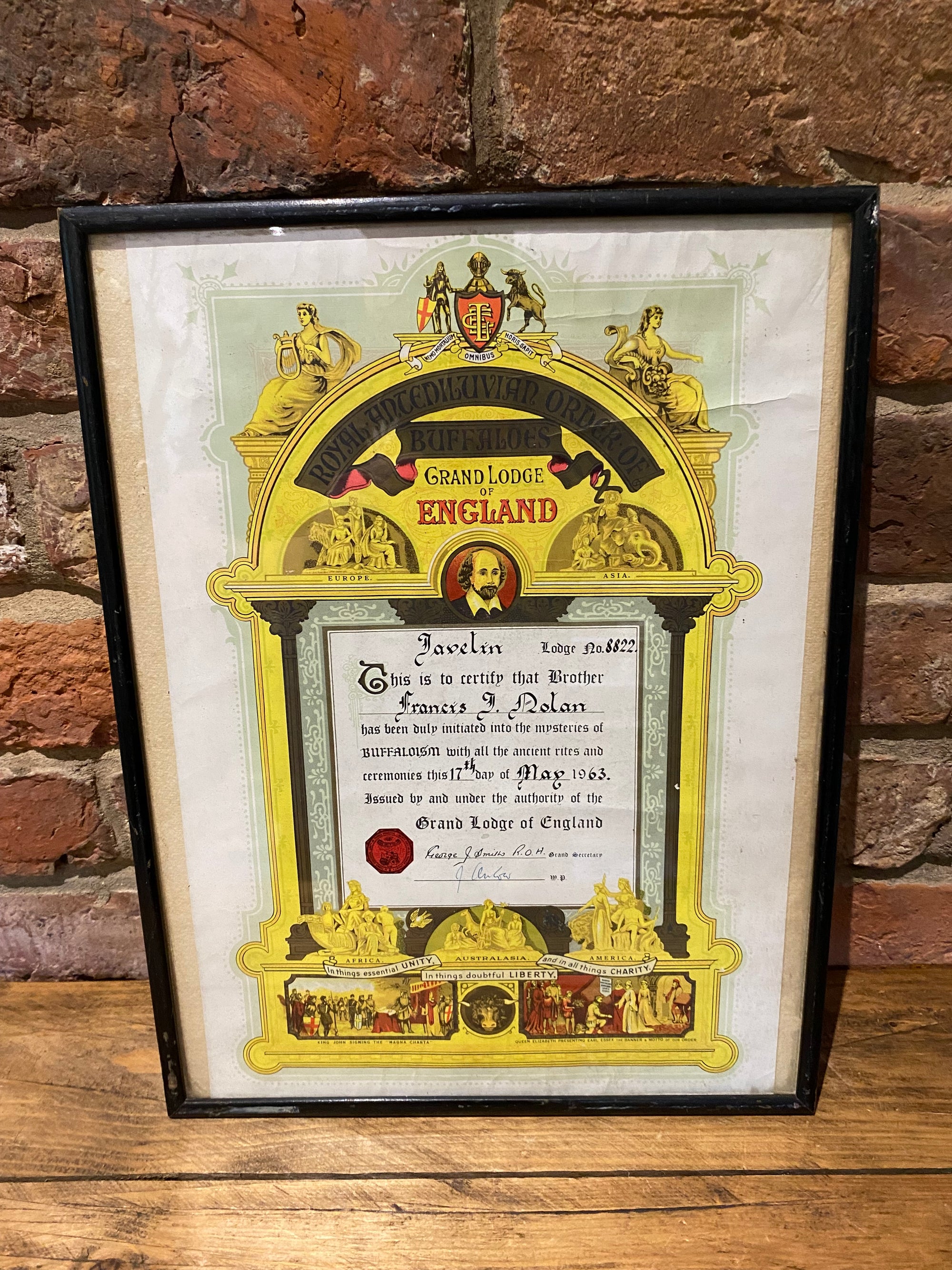 Vintage Buffalo/ Masonic Certificate 1963