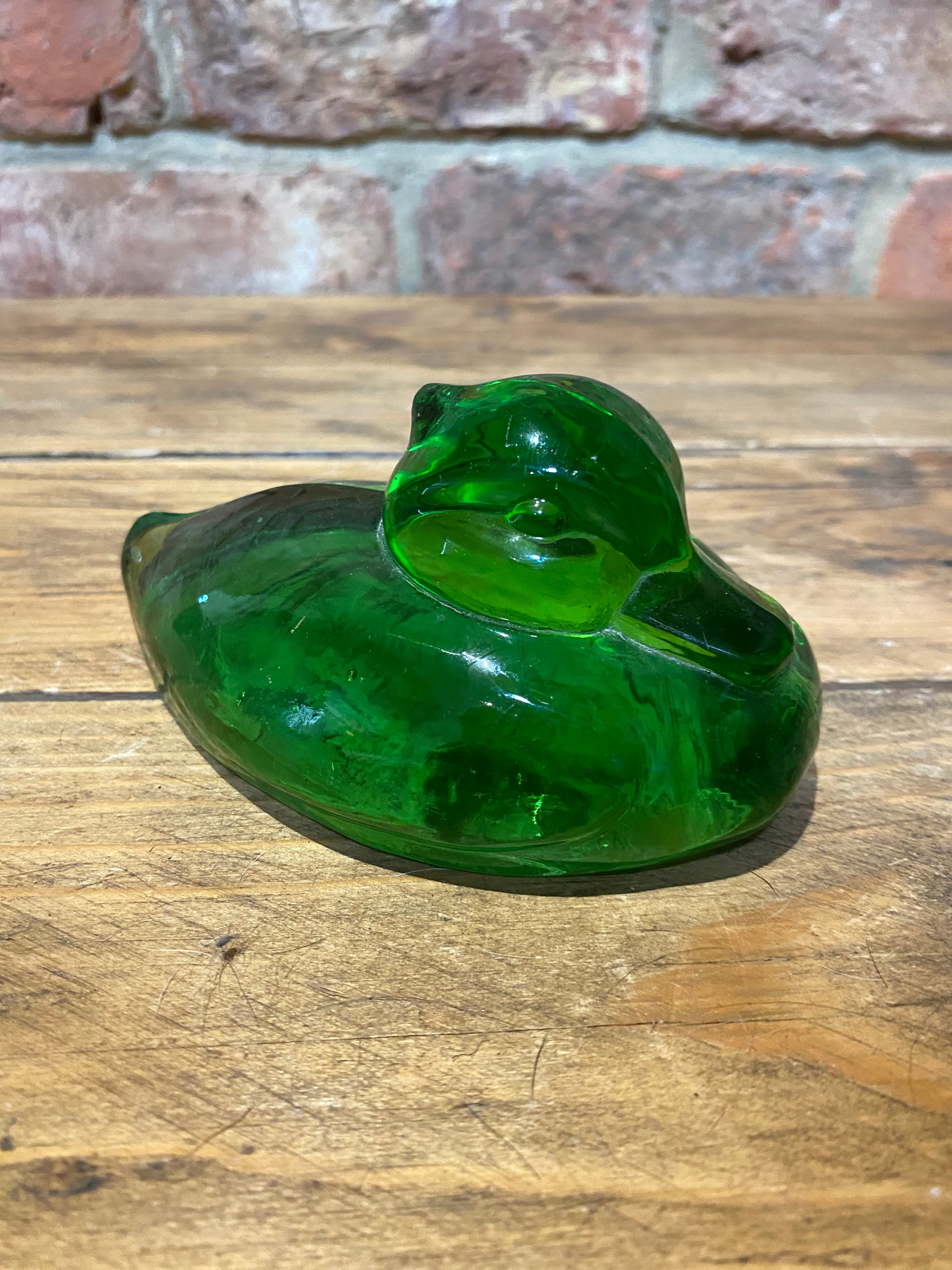 Stunning Mid Century circa 60’s Glass Green Duck Paperweight Picture from the left side