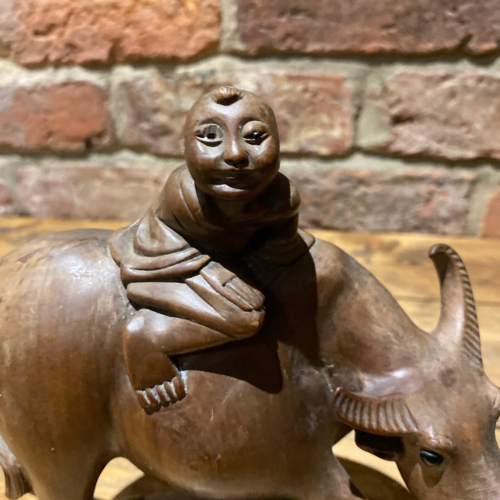 Carved Wood Water Buffalo With Child Riding It