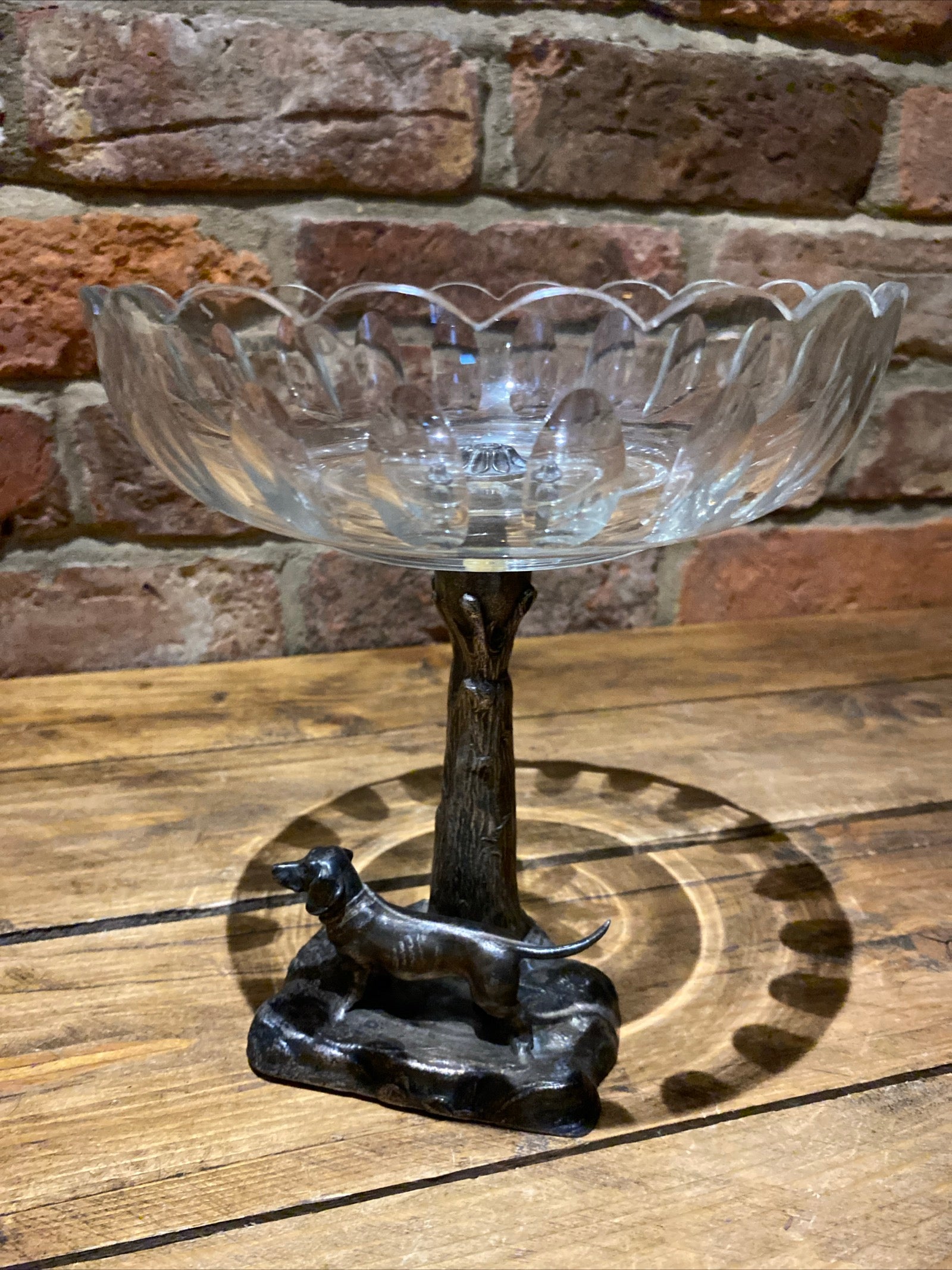 Vintage Glass Comport With Spelter Dog Base