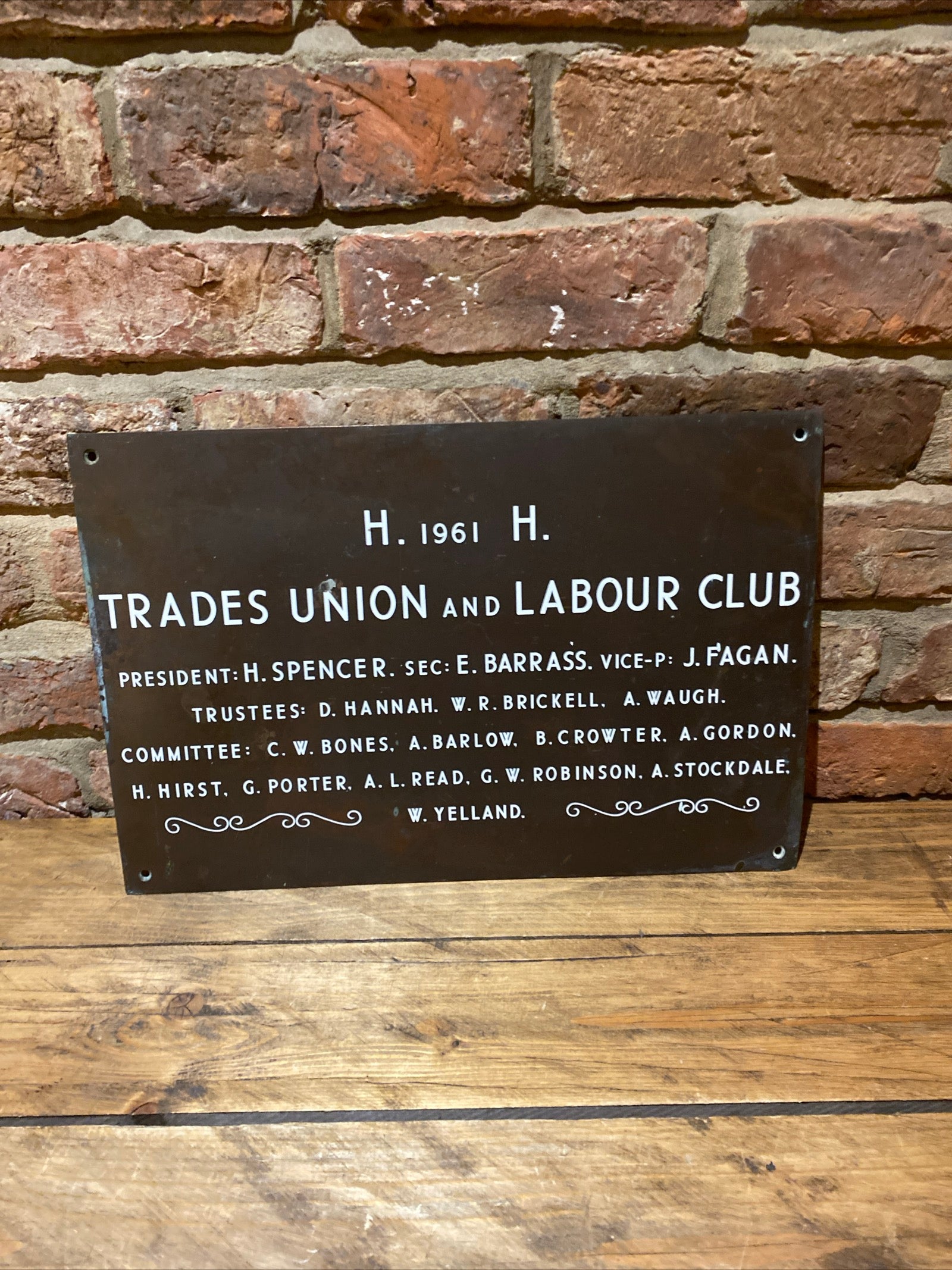 Vintage 1961 Trades Union And Labour Club Bronze Sign