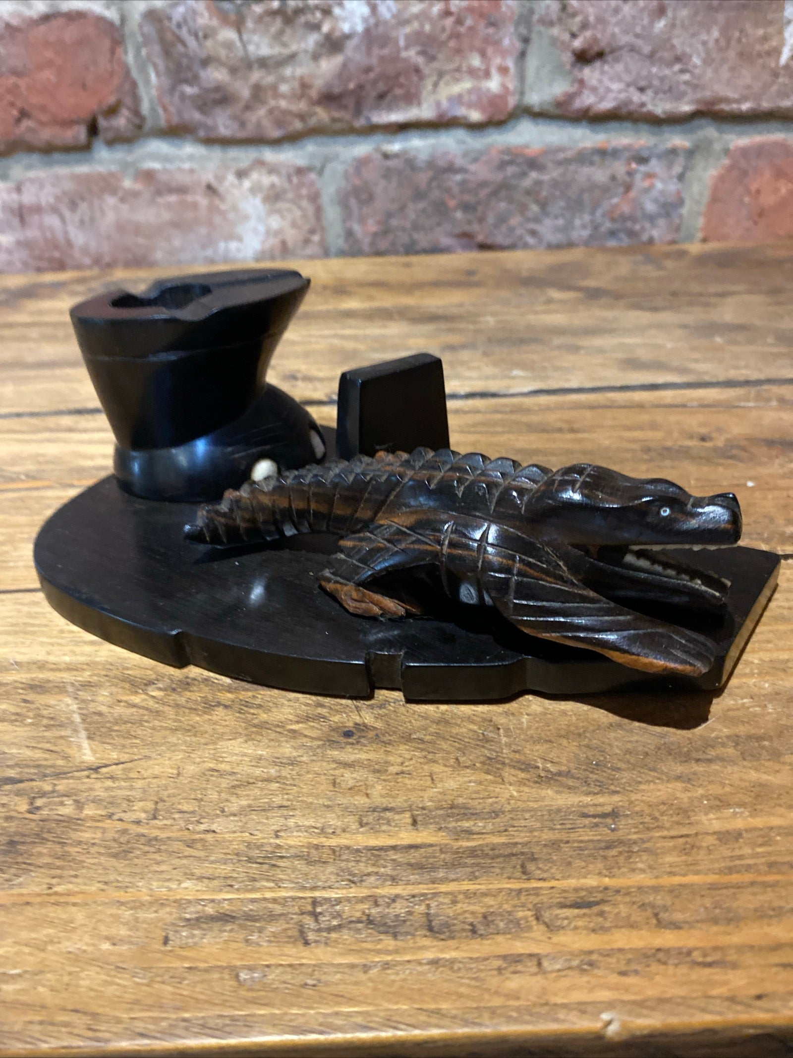 Vintage Carved Ebony Crocodile And Elephant Foot Ashtray