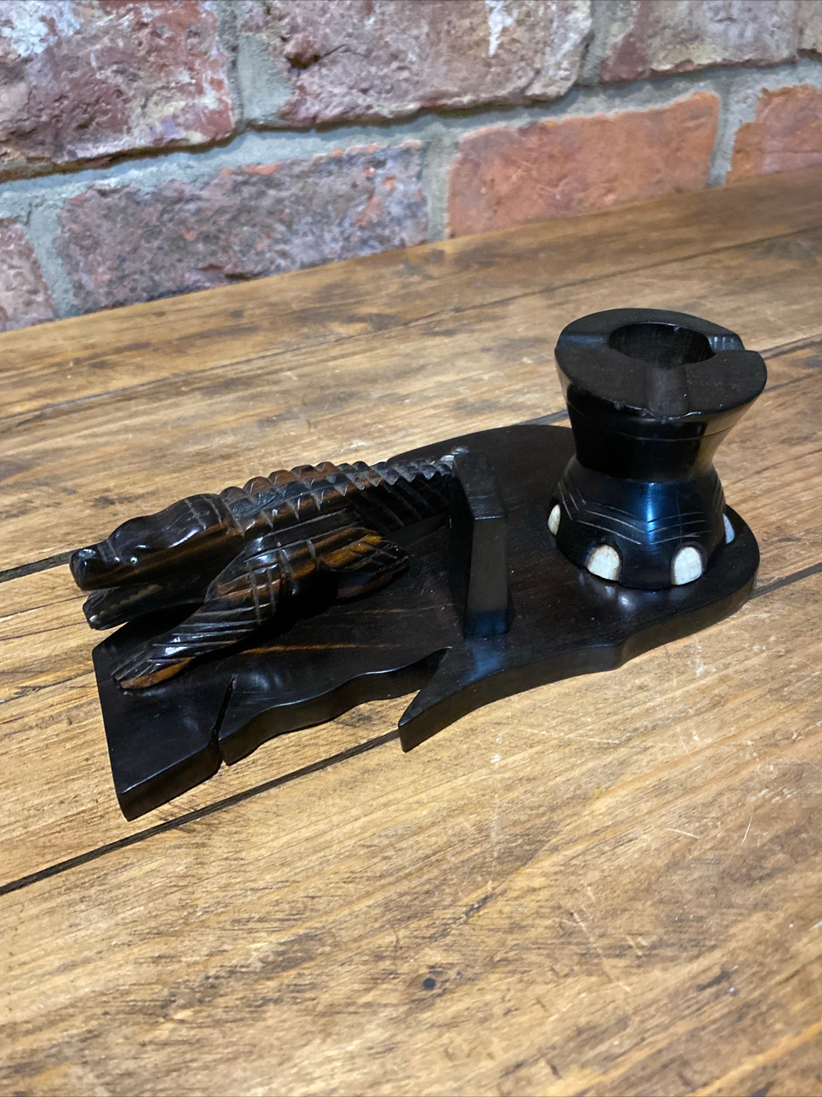 Vintage Carved Ebony Crocodile And Elephant Foot Ashtray