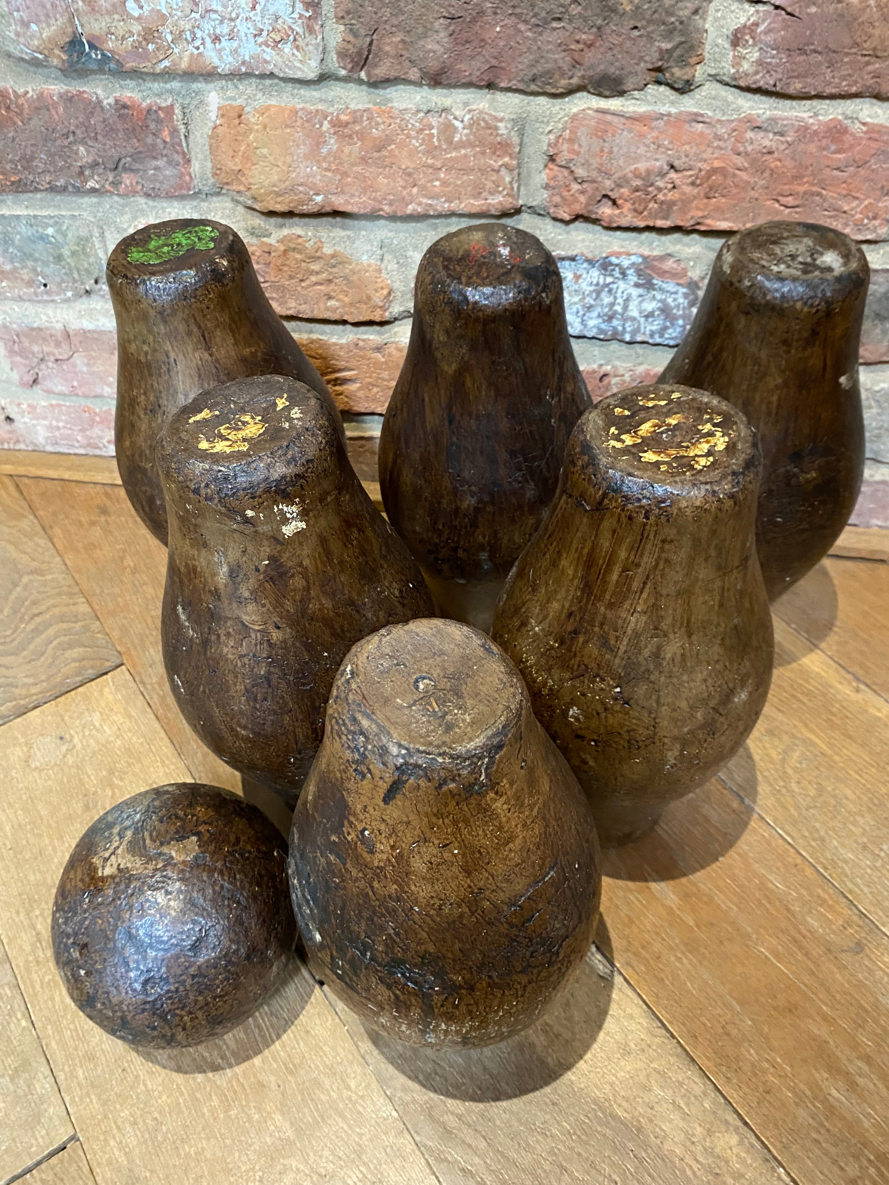 Set of six wooden antique pub skittles plus ball