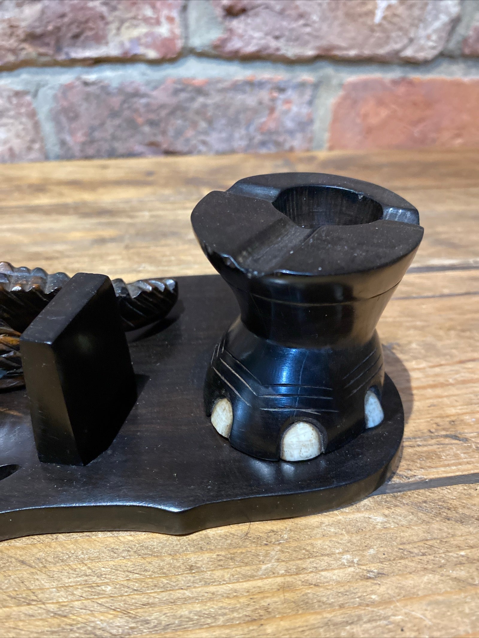 Vintage Carved Ebony Crocodile And Elephant Foot Ashtray