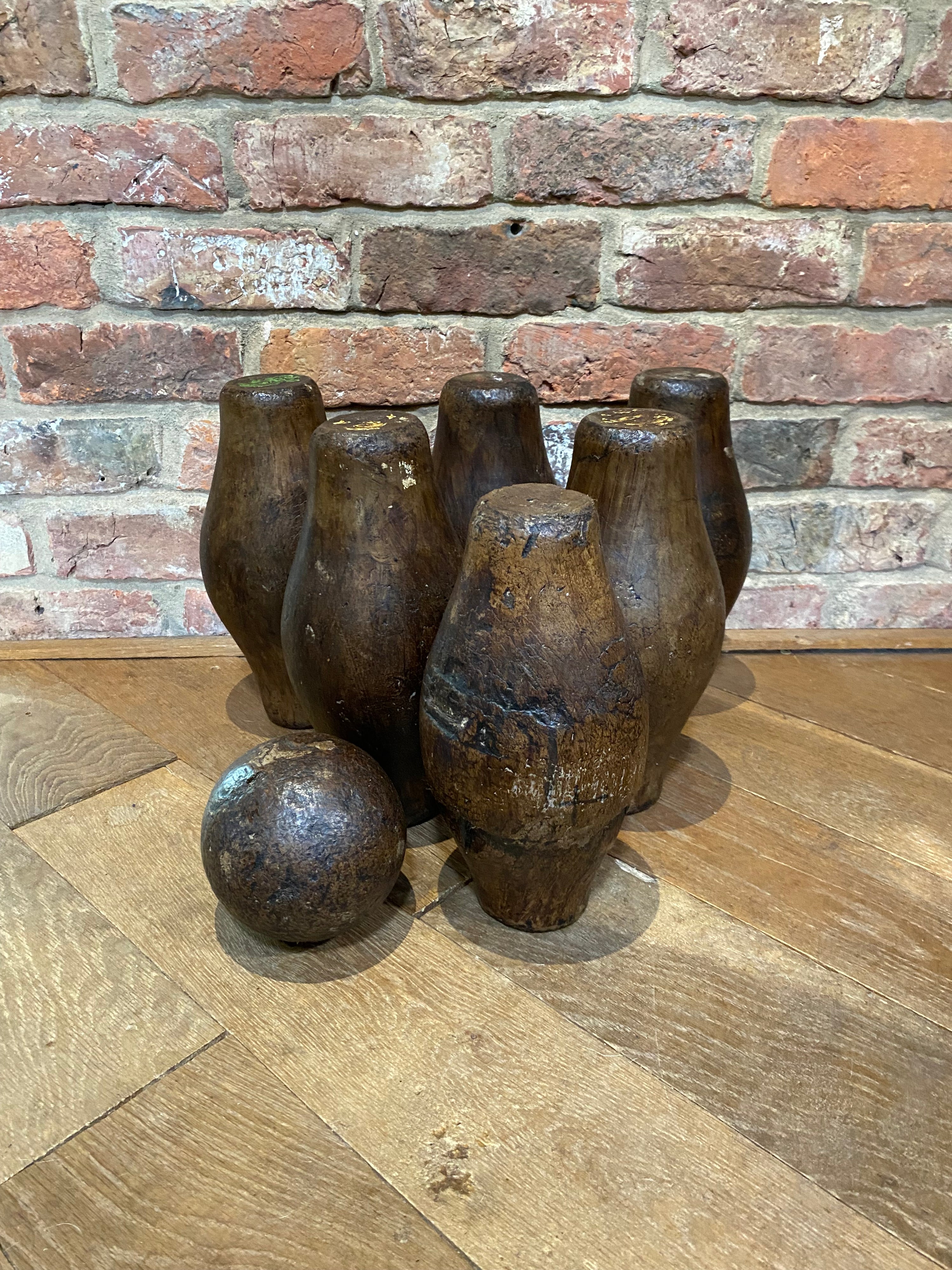 Set of six wooden antique pub skittles plus ball